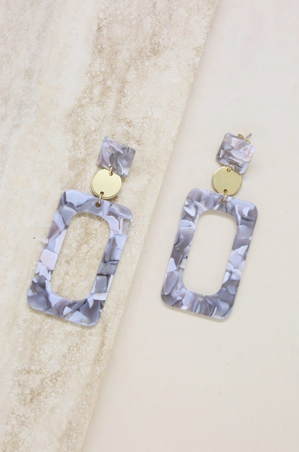 Aurora Grey & White Resin Rectangle 18k Gold Plated Earrings Online