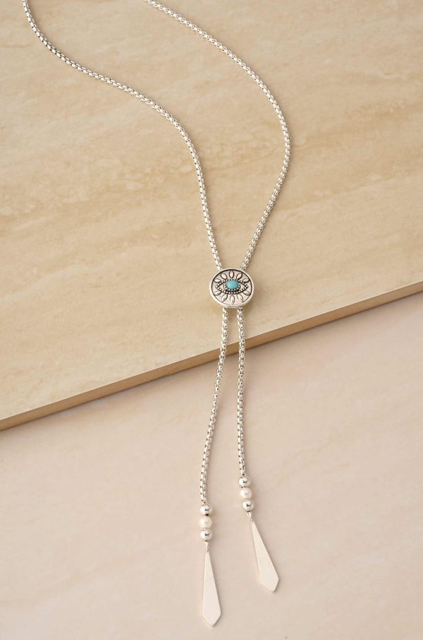 Turquoise Pendant Bolo Necklace in Antique Silver Online Sale