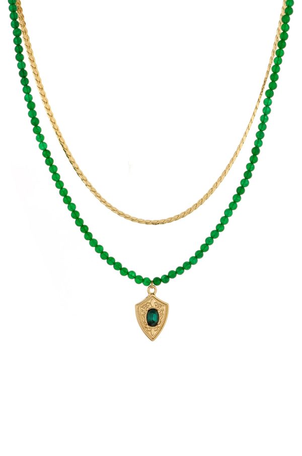 The Perfect Pair Green Agate Bead and Emerald Crystal Charm 18k Gold Plated Necklace Set For Sale - Image 5