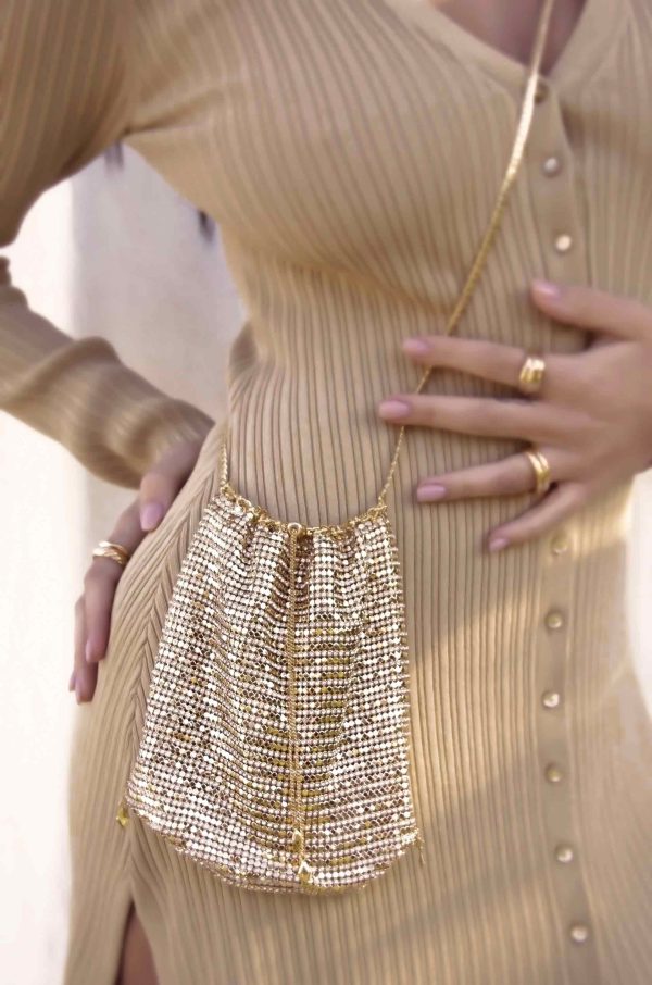 Gold Shimmer Pouch with Gold Shoulder Chain Fashion - Image 2